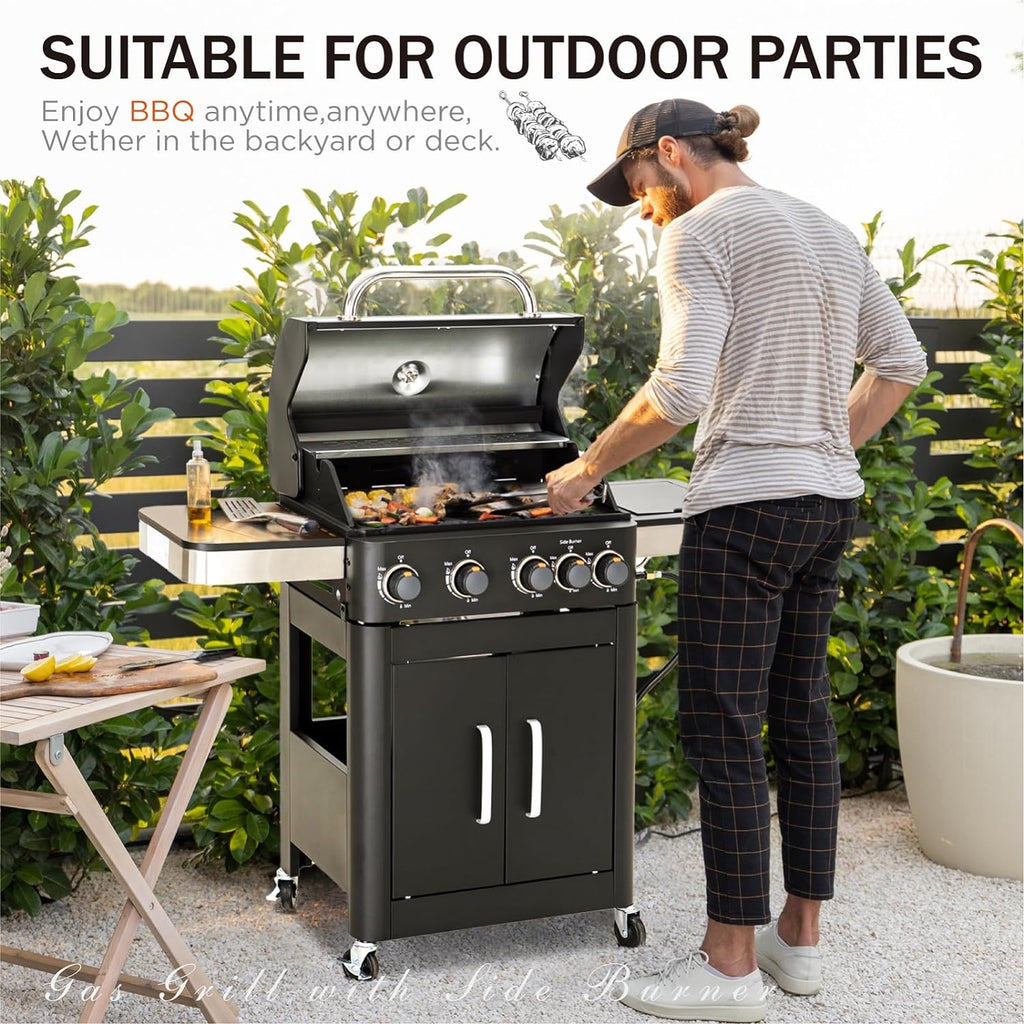 Burner Gas grill with side burner and enameled cast iron grille 42,000BTU outdoor cooking stainless steel propane grill Garden grill, silver