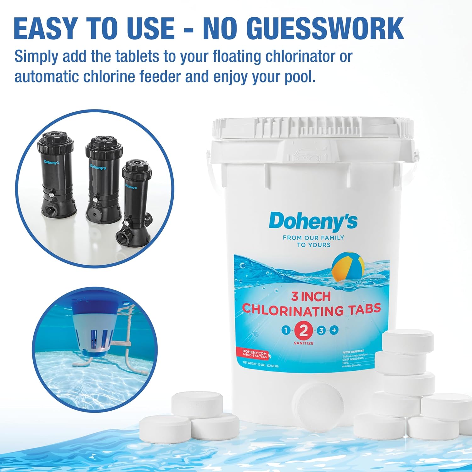 Doheny's 3 Inch Stabilized Chlorine Tablets | Pro-Grade Pool Sanitizer, Long Lasting, Slow Dissolving, 99% Pure Tri-Chlor, Individually Wrapped