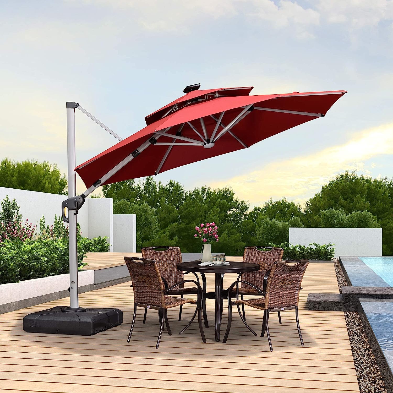 12ft Solar LED Patio Umbrella Outdoor Round Umbrella Large Cantilever Umbrella with LED Lights Windproof Bias Umbrella Heavy Duty Parasol for Garden Deck Pool Patio